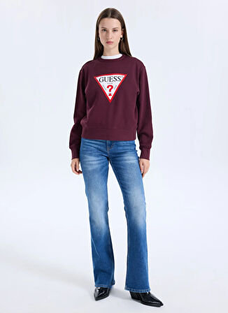 Guess Yuvarlak Yaka Baskılı Kırmızı Kadın Sweatshırt Original Fleece Kadın Sweatshirt