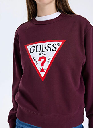 Guess Yuvarlak Yaka Baskılı Kırmızı Kadın Sweatshırt Original Fleece Kadın Sweatshirt