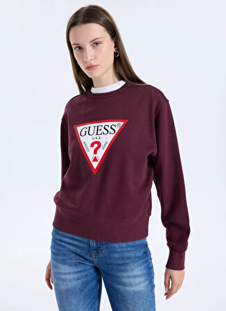 Guess Yuvarlak Yaka Baskılı Kırmızı Kadın Sweatshırt Original Fleece Kadın Sweatshirt