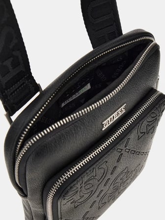 Erkek Kabartma Monogram Desenli Çapraz Askılı Çanta - Siyah | 36