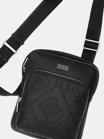Erkek Kabartma Monogram Desenli Çapraz Askılı Çanta - Siyah | 36