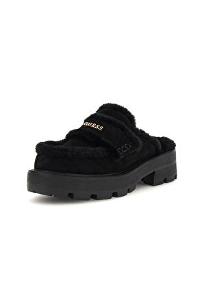 Kadın Yaneta Kürk Astarlı Süet Kalın Tabanlı Sabo Terlik - Siyah | 39