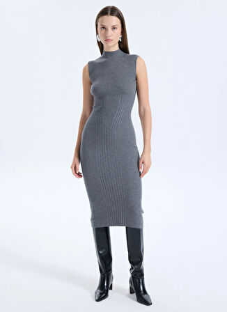 Guess Dik Yaka Düz Antrasit Standart Kadın Elbise Julia Kadın Ipek Kaşmir Karışımlı T