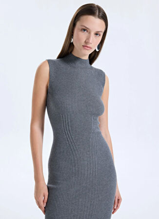 Guess Dik Yaka Düz Antrasit Standart Kadın Elbise Julia Kadın Ipek Kaşmir Karışımlı T