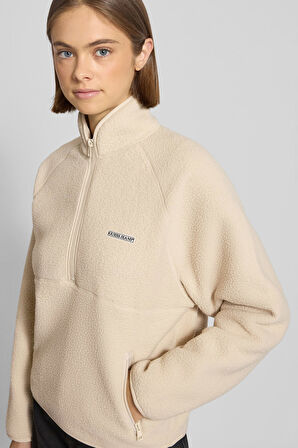 Kadın Regular Fit Yarım Fermuarlı Dik Yaka Polar Sweatshirt - Ekru | L