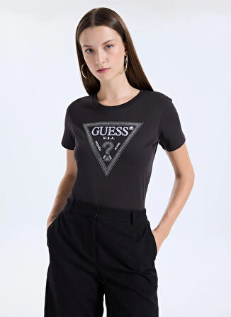 Guess Yuvarlak Yaka Baskılı Kahve Kadın T-Shirt Krystal Kadın Regular Fit T-Shirt