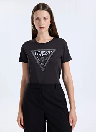 Guess Yuvarlak Yaka Baskılı Kahve Kadın T-Shirt Krystal Kadın Regular Fit T-Shirt