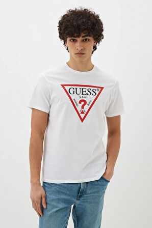 Erkek Guess SS BSC Önde Üçgen Logolu T-Shirt - Beyaz | S