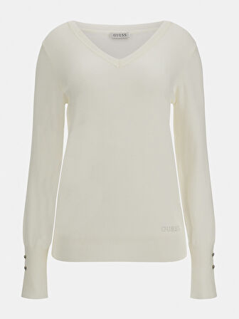 V Yakalı Kadın Kazak-Ekru | M