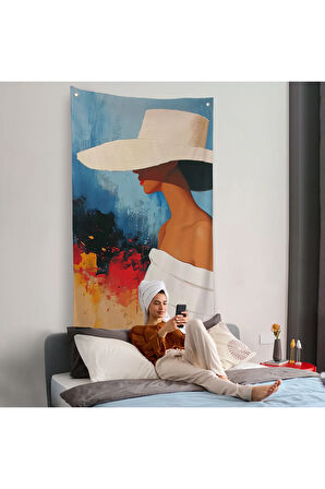 Beyaz Şapkalı Soyut Kadın Duvar Örtüsü-7621