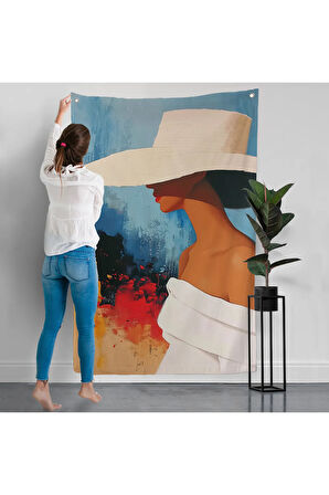 Beyaz Şapkalı Soyut Kadın Duvar Örtüsü-7621