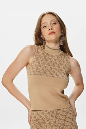 Kadın Lise Balıkçı Yaka Desenli Triko Top - Kahverengi | L