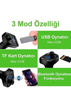 Araç Kiti Fm Transmitter Bluetooth 5.0 Micro Sd Usb Şarj Oto Müzik Çalar