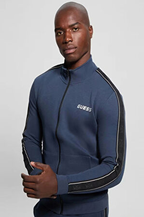 Guess Erkek Mavi Logolu Fermuarlı Sweatshirt