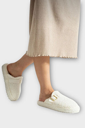 Pofuduk Ses Yapmaz Eva Taban Tokalı Kadın Ev Terliği BEYAZ