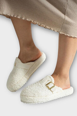 Pofuduk Ses Yapmaz Eva Taban Tokalı Kadın Ev Terliği BEYAZ