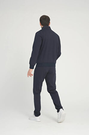 Erkek Lacivert Iki Iplik Kumaş Fermuarlı Dik Yaka Uzun Kol Cepli Eşofman Takımı - 7622