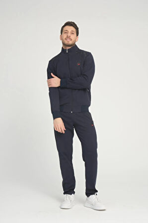 Erkek Lacivert Iki Iplik Kumaş Fermuarlı Dik Yaka Uzun Kol Cepli Eşofman Takımı - 7622