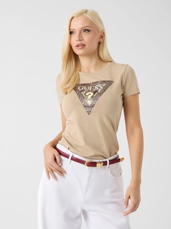 Guess Kısa Kollu Bisiklet Yaka Yılan Desenli Üçgen Kadın Bej T-shirt W6YI31K4350-A117