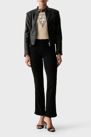 Guess Marlene Regular Fit Dik Yaka Deri Ceket W6YL25W2914 Kadın DERİ CEKET W6YL25 W2914 JBLK SİYAH