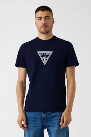 Guess Bisiklet Yaka Kısa Kollu Orta Üçgen HD Baskılı Erkek Lacivert T-shirt M6YI40K4226-G7V2