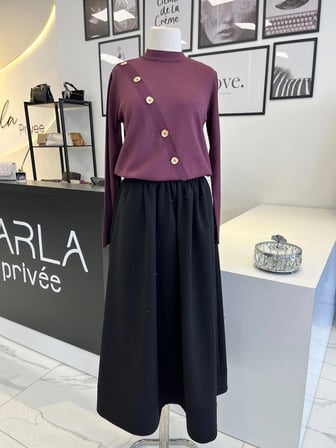 Nuss Düğme Detaylı Bordo Triko Tunik