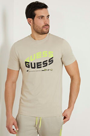 Erkek Guess Önde Logo T-Shirt  Bej / Siyah  | S