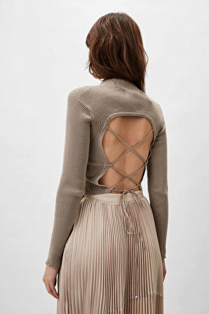 Kadın Sırt Dekolteli Triko Kazak - Kum Beji | M