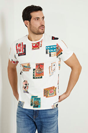 Erkek Guess Tamamı Desenli T-Shirt / Beyaz  | S