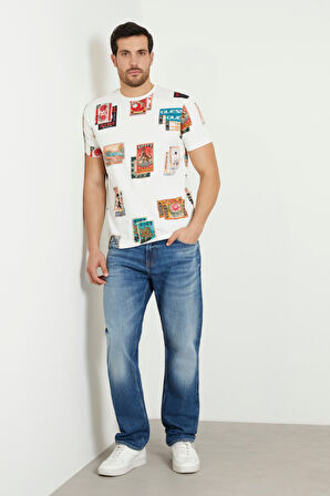 Erkek Guess Tamamı Desenli T-Shirt / Beyaz  | S