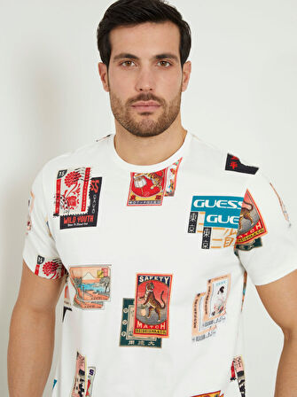 Erkek Guess Tamamı Desenli T-Shirt / Beyaz  | S