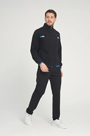 Erkek Lacivert Fermuarlı Dik Yaka Uzun Kol Nakış Detaylı Eşofman Takımı - 7632