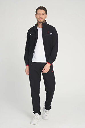 Erkek Lacivert-kırmızı Iki Iplik Kumaş Fermuarlı Dik Yaka Şık Detaylı Eşofman Takımı - 7624