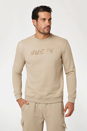 Guess Erkek  Kahverengi Önü Logolu Sweatshirt