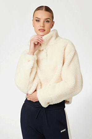 Guess Kadın Krem Sherpa Crop Sweatshirt