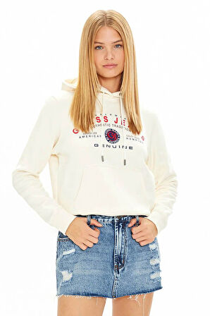 Kadın GJ HOOD REG Desenli Kapüşonlu Sweatshirt - Krem  | S
