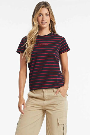 Kadın Regular Fit Çizgili Logolu Pamuklu T-Shirt - Kırmızı | XS