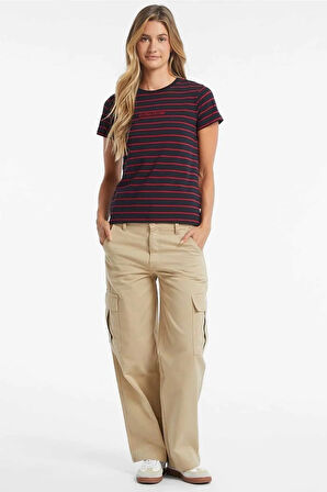 Kadın Regular Fit Çizgili Logolu Pamuklu T-Shirt - Kırmızı | XS