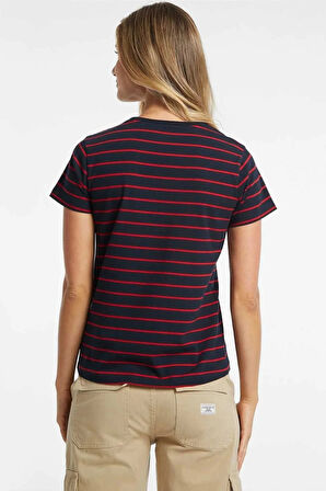 Kadın Regular Fit Çizgili Logolu Pamuklu T-Shirt - Kırmızı | M
