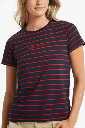 Kadın Regular Fit Çizgili Logolu Pamuklu T-Shirt - Kırmızı | M
