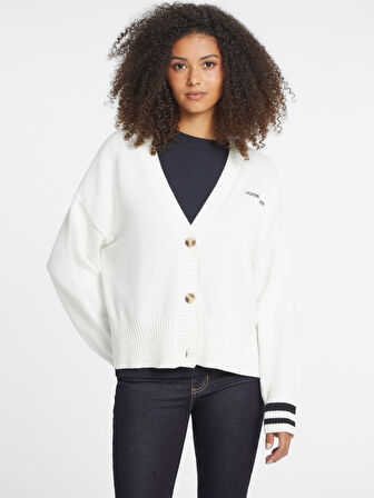 Kadın GJ LS VN Nakış İşleme Logolu Hırka - Beyaz | S