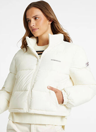Guess Jeans Krem Kadın Mont GJ CROPPED PUFFER - RECY COATED LIG