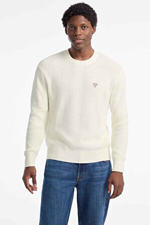 Erkek Fitilli Logolu Standart Kalıp Triko Kazak - Krem | L