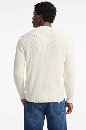 Erkek Fitilli Logolu Standart Kalıp Triko Kazak - Krem | L