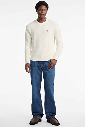 Erkek Fitilli Logolu Standart Kalıp Triko Kazak - Krem | L