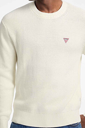 Erkek Fitilli Logolu Standart Kalıp Triko Kazak - Krem | L