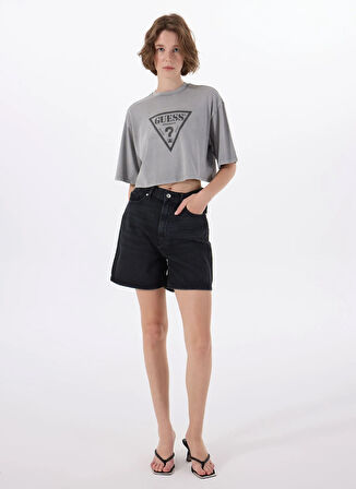 Guess Yuvarlak Yaka Baskılı Mavi Kadın T-Shirt GO VINTAGE TRIANGLE - ORGANIC COTTO