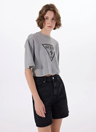 Guess Yuvarlak Yaka Baskılı Mavi Kadın T-Shirt GO VINTAGE TRIANGLE - ORGANIC COTTO