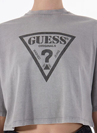 Guess Yuvarlak Yaka Baskılı Mavi Kadın T-Shirt GO VINTAGE TRIANGLE - ORGANIC COTTO