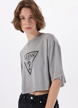 Guess Yuvarlak Yaka Baskılı Mavi Kadın T-Shirt GO VINTAGE TRIANGLE - ORGANIC COTTO